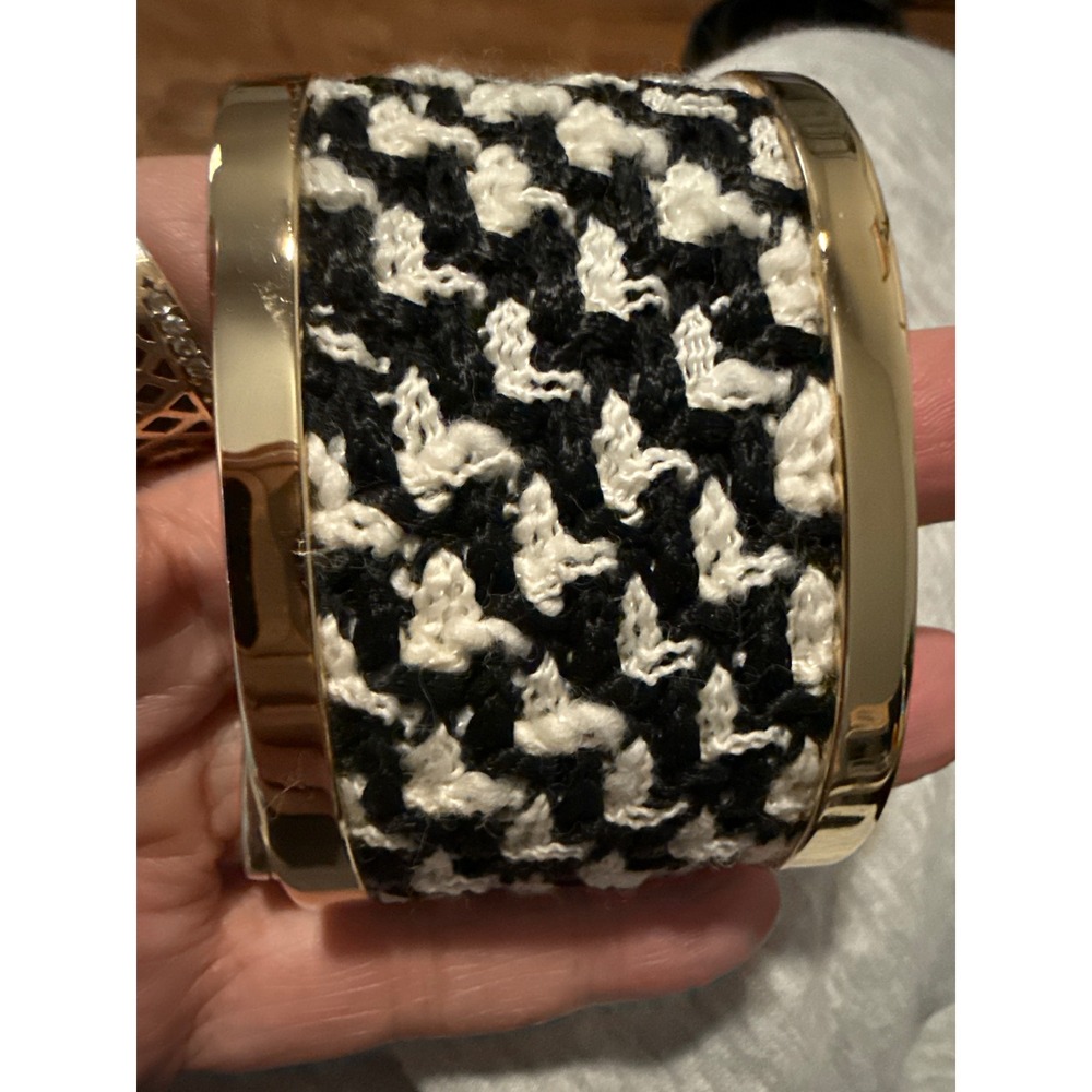 St. John Gold Tone Wide Cuff Bracelet Black White Knit Inlay Statement Jewelry - Picture 7 of 7